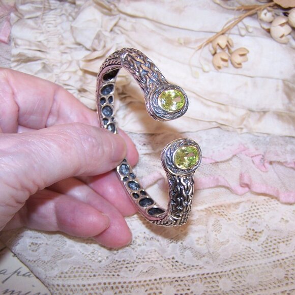Sterling Silver 14K Gold Peridot CZ Hinged Cuff Bracelet - Size 6.75 - Picture 6 of 11